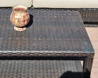 WICKER PATIO SET - SOFA $150, CHAIRS $125 EACH AND COFFEE TABLE $50 - TOTAL $500.....A FEW SLIGHT IMPERFECTIONS ON TABLE AND THERE IS A CLOSE UP OF ONE SIDE OF THE SOFA BY THE LEG. PRICED ACCORDINGLY AND SELLING INDIVIDUALLY OR AS SET
