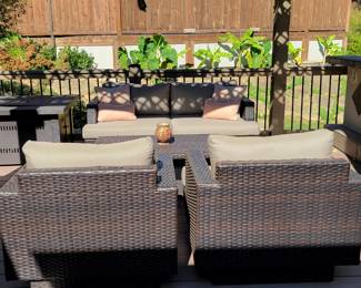 WICKER PATIO SET - SOFA $150, CHAIRS $125 EACH AND COFFEE TABLE $50 - TOTAL $500.....A FEW SLIGHT IMPERFECTIONS ON TABLE AND THERE IS A CLOSE UP OF ONE SIDE OF THE SOFA BY THE LEG. PRICED ACCORDINGLY AND SELLING INDIVIDUALLY OR AS SET