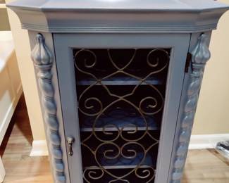 STUNNING BLUE WITH SERPENTINE ACCENT WINE CABINET WITH REMOVABLE SERVING TRAY TOP $65