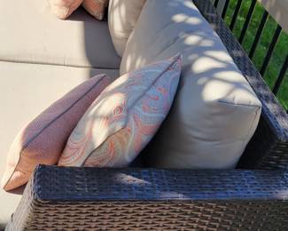 WICKER PATIO SET - SOFA $150, CHAIRS $125 EACH AND COFFEE TABLE $50 - TOTAL $500.....A FEW SLIGHT IMPERFECTIONS ON TABLE AND THERE IS A CLOSE UP OF ONE SIDE OF THE SOFA BY THE LEG. PRICED ACCORDINGLY AND SELLING INDIVIDUALLY OR AS SET