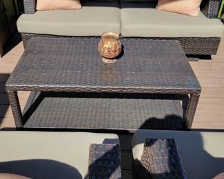 WICKER PATIO SET - SOFA $150, CHAIRS $125 EACH AND COFFEE TABLE $50 - TOTAL $500.....A FEW SLIGHT IMPERFECTIONS ON TABLE AND THERE IS A CLOSE UP OF ONE SIDE OF THE SOFA BY THE LEG. PRICED ACCORDINGLY AND SELLING INDIVIDUALLY OR AS SET