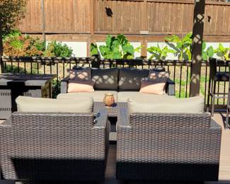 WICKER PATIO SET - SOFA $150, CHAIRS $125 EACH AND COFFEE TABLE $50 - TOTAL $500.....A FEW SLIGHT IMPERFECTIONS ON TABLE AND THERE IS A CLOSE UP OF ONE SIDE OF THE SOFA BY THE LEG. PRICED ACCORDINGLY AND SELLING INDIVIDUALLY OR AS SET