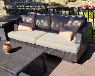 WICKER PATIO SET - SOFA $150, CHAIRS $125 EACH AND COFFEE TABLE $50 - TOTAL $500.....A FEW SLIGHT IMPERFECTIONS ON TABLE AND THERE IS A CLOSE UP OF ONE SIDE OF THE SOFA BY THE LEG. PRICED ACCORDINGLY AND SELLING INDIVIDUALLY OR AS SET