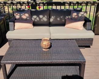 WICKER PATIO SET - SOFA $150, CHAIRS $125 EACH AND COFFEE TABLE $50 - TOTAL $500.....A FEW SLIGHT IMPERFECTIONS ON TABLE AND THERE IS A CLOSE UP OF ONE SIDE OF THE SOFA BY THE LEG. PRICED ACCORDINGLY AND SELLING INDIVIDUALLY OR AS SET