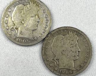 1905 & 1906 Barber Silver Quarters