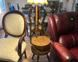 Antique chair, antique sewing basket lamp stand