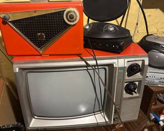 Vintage Magic Stripe TV, Motorola Portable radio