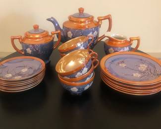 Vintage Japanese Blue Cherry Blossom lusterware tea set