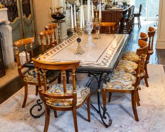 Regency-style Versace upholstered chairs. Custom-made Italian mosaic dining table.