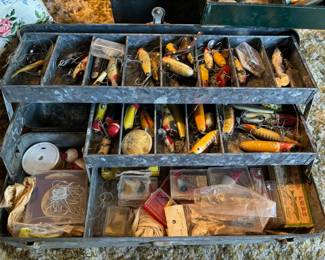 Vintage fishing gear, some poles, lures 