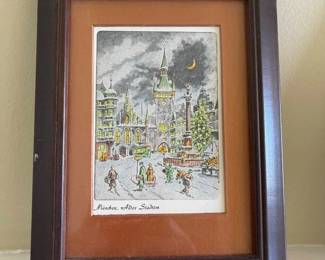 Lot 027-BON: Set of Six Small German Lithograph Prints

Features: These feature traditional street scenes in six German cities: 
•	Munich (Old City Gate)
•	Heidelberg (on the Neckar River)
•	Frankfurt (Main, of the Romans)
•	Trier (Main Market)
•	Nuremberg (Christmas Market) 
•	Stuttgart (Old Town)

All are unsigned

Dimensions:
•	Frames are 6” x 8”
•	Art is 3 ½” x 4 ¾”

Condition: Very Good Pre-Owned condition

