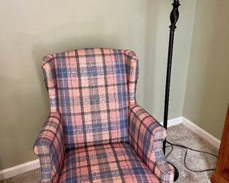 Lot 023-LIB: Vintage Wingback Chair & Floor Lamp

Includes: 
•	Hefty chair has vintage “bones” but has been re-upholstered in a plaid fabric
•	Floor lamp with oil-rubbed aluminum stand

Dimensions: 
•	Chair: 27”W x 20”D x 37”H (seat top is 17”)

Condition: 
•	Both items are in Good Pre-Owned Condition. The lampshade exhibits some light stains.

