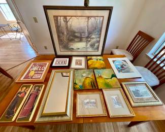 Lot 048-LR: European-Themed Art Assortment

Features: 
•	An assortment of still-lifes, religious art and a retro Velo Vin Tonique aperif print!
•	Subjects are (generally) about and/or created by French, German and Italian artists, though at least one “Yank” made the cut
•	Several pieces are signed by their artist(s). 

Dimensions: For reference: Large framed print is 34.5”W x 28.5”H. The angel artwork is 14.75”H. The mirror is 25”L x 13”W.


Condition: The unframed watercolor is very stained. Other pieces vary in condition – please see pictures for details.


