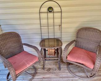 Lot 024-PAT: Patio Furniture Assortment

Includes: 
•	Chaise lounge, synthetic rattan (61”L x 24”W)
•	Pair of swiveling patio chairs, synthetic rattan (25 ½”W x 19”D x 36”H; seat top is 17”H)
•	Two side tables
o	One is 20”square x 20” tall
o	#2 is 20” square by 24” tall
•	Metal trellis (58”H x 19 ½” W)


Condition: Rattan is in Fair condition overall. Several spots on some items reveal broken, worn or unraveled rattan weave. The furniture frames are in good, sturdy condition.


