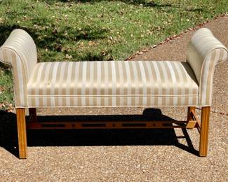Lot 032-G: Ethan Allen Chippendale-Style Window Bench

Features: 
•	Sturdy luxe bench with cream colored “satin-y” striped upholstery

Dimensions: 50” W x 17”D x 28” high on sides


Condition: Fair pre-owned condition; Good structural condition. Some staining is visible on the upholstery.


