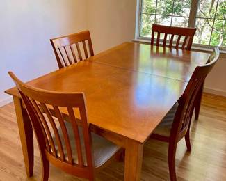 Lot 013-DR: Dining Table and 4 Chairs

Features: 
•	Shaker style wooden table and four chairs crafted by Universal Furniture
•	One leaf included


Dimensions: 
•	Table: 66”L x 40”W x 30”H  (leaf adds an additional 12” to table length)
•	Chairs: 20 ½”W x 19”D x 37”H (at back)

Condition:
•	Table: Good pre-owned condition; a few surface scratches
•	Chairs: Upholstery is stained in places


