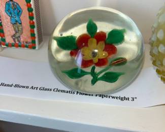 hand blown art glass clematis flower paperweight 