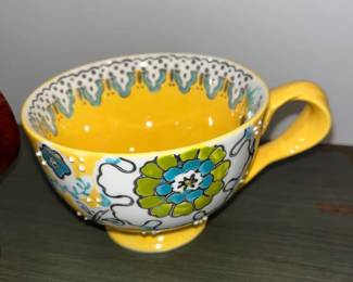 Anthropologie Yellow Green and Blue floral mug 