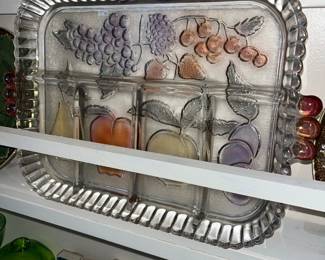 Indiana glass Rainbow MIST Divided Relish Tray Fruit Pattern 