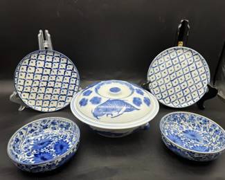 Handpainted Koi Covered Dish & (4) Blue And White Dishes
