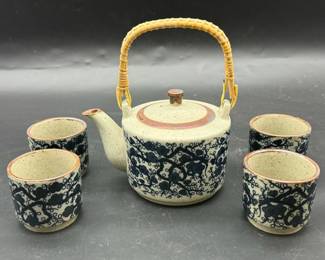 Painted Blue Flower Teapot & (4) Cups
