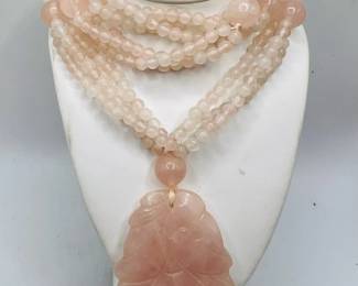 Vintage Chinese 1970's Rose Quartz Multi Strand Carved Pendant 17” Necklace
