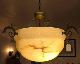 Antique French bronze mounted polished alabaster plafonnier w/ dolphins 