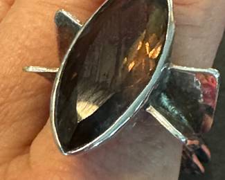#170 - $150 Ring - Artisan handwrought sterling with large smoky topaz (marquise cut) - size 7 1/2 