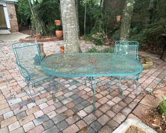 #11 -$140 Iron green table 66Wx38Dx29H & 2 chairs 
