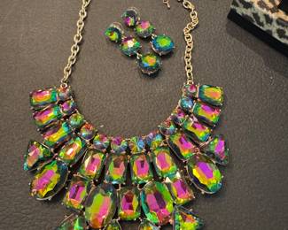 #171 - $75 - Mardi Gras style Multicolor bib style necklace & earrings set 