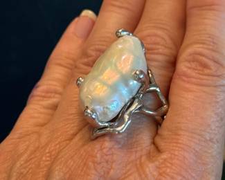 #169 - $150 - Large pearls on sterling silver setting size 7 1/2. 