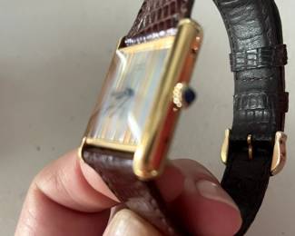 #67J- $1750 - Must de Cartier Paris Men vintage tank 1982 - 925 vermeil colored stripes dial. Manual wind. with original box, authenticity card. Band is original Cartier. Barely worn. 