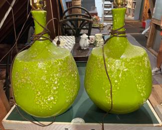 #113 -	$200 1970's Pair of lime green lamps porcelain 15x23
