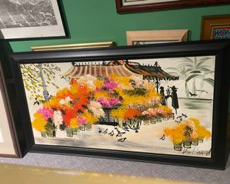 #97 - $100 Retro style flower market painting in black frame on board 33Wx30H
