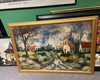 #99 -$75 Colorful village signed 40Wx28H(small damages)
