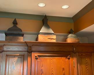 #33 -	$350 Set of 3 Chimney toppers are from old Philadelphia homes, set in solid pecky cherry wood - items 28Tx 15W the largest 
