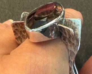 #170 - $150 Ring - Artisan handwrought sterling with large smoky topaz (marquise cut) - size 7 1/2 