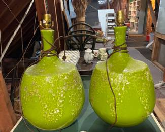 #113 -	$200 1970's Pair of lime green lamps porcelain 15x23