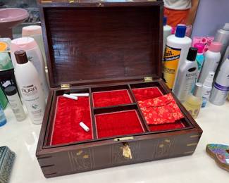 #186 - $48 - Wood chest - jewelry box with brass inlaid and handles