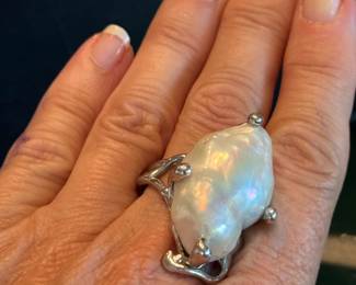 #169 - $150 - Large pearls on sterling silver setting size 7 1/2. 