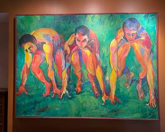 #31 -$2,200 Rare Mid century Modern 1960's Robert Arnold Painting three runners 95Wx70T original oil on canvas 
