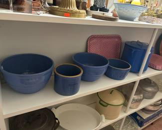 Blue Pottery Bowls and butter crock