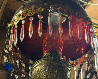Victorian Jeweled Cranberry 14” Hanging Light Fixture converted to electricity