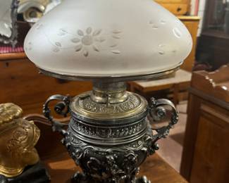 Ornate Victorian Cupid Table Lamp with Dolphin Feet. Frosted and etched Mushroom Shade