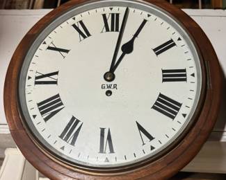 Large Great Western Railroad Clock 14.5” Diameter; Walnut case; Pegged removable back