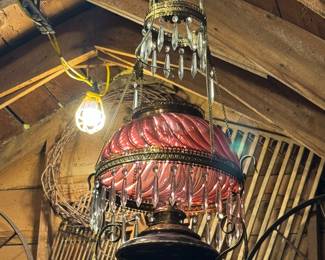 Cranberry Swirl 14” hanging Fixture. Converted to electricity