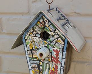 Hand-made "New York" themed birdhouse, mosaic work and license plate