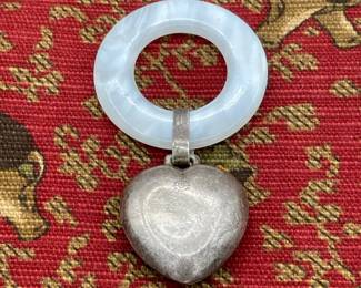 Vintage baby rattle, mother of pearl with sterling silver heart attached