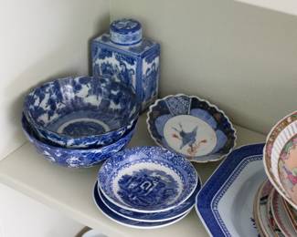 Some Chinese blue and white porcelain, English blue and white transfer ware dishes, Japanese Imari dish