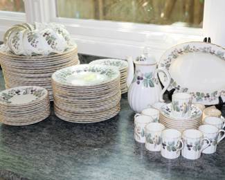 Royal Worcester "Lavinia" pattern fine bone china including dinner plates, coffee pot, cups and saucers, coffee cups, serving platter, and more